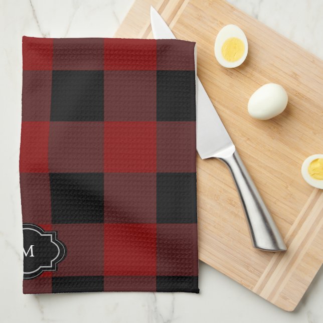 Black and red buffalo plaid monogrammed kökshandduk (Vikt i Fjärdedel)