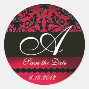 BLACK AND RED BURGUNDY DAMASK MONOGRAM, Ruby Runt Klistermärke