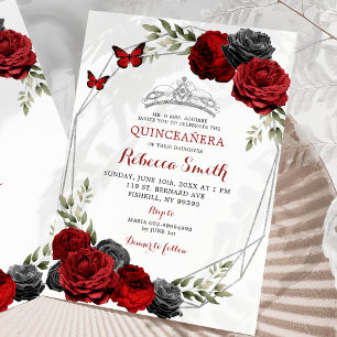 Black and Red Burgundy Ro Krona Quinceañera Inbjudningar