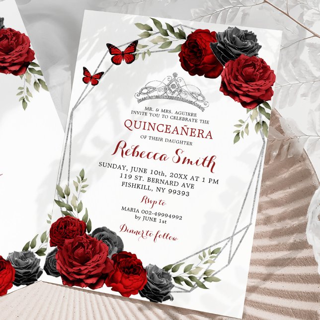 Black and Red Burgundy Ro Krona Quinceañera Inbjudningar (Skapare uppladdad)