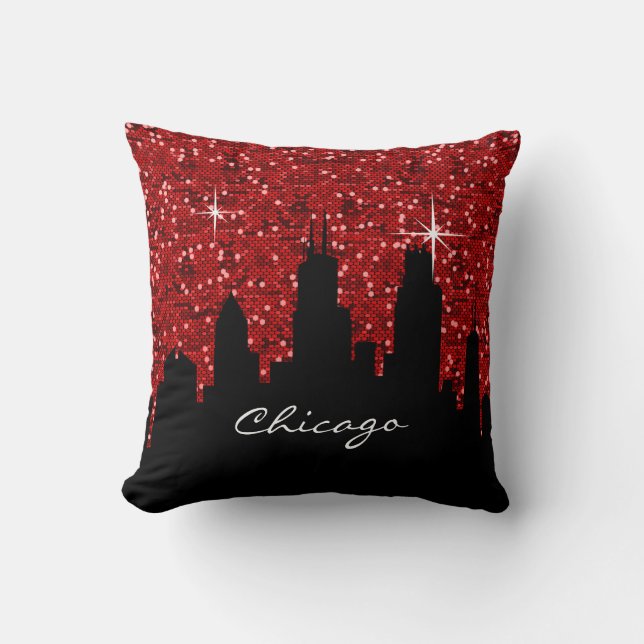 Black and Red Confetti Glitter Chicago Skyline Kudde (Framsida)