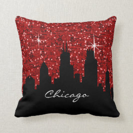Black and Red Confetti Glitter Chicago Skyline Kudde