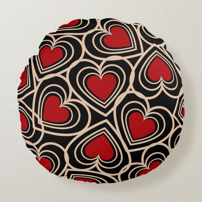 Black and Red Cute Simple Heart Mönster Rund Kudde (Framsidan)