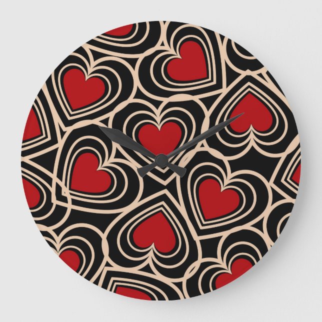 Black and Red Cute Simple Heart Mönster Stor Klocka (Framsida)