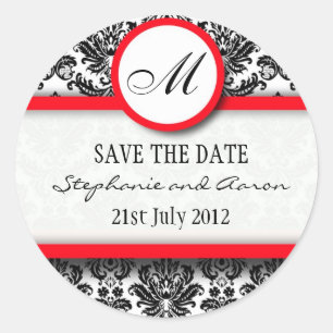 Black and Red Damask Monogram Bröllop Sticker Runt Klistermärke