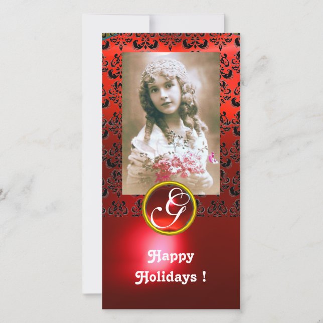 BLACK AND RED DAMASK Ruby Monogram Julkort (Framsida)