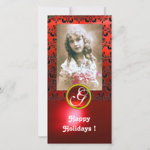 BLACK AND RED DAMASK Ruby Monogram Julkort