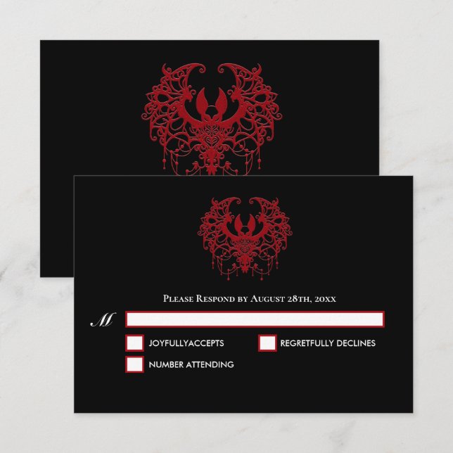 Black and red Gothic Halloween Wedding RSVP Card OSA Kort (Fram/baksida)