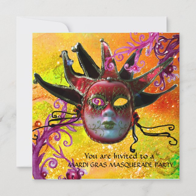 BLACK and RED JESTER MASK, Masqueraad Party Inbjudningar (Framsida)