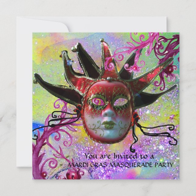 BLACK and RED JESTER MASK, Masqueraad Party Inbjudningar (Framsida)