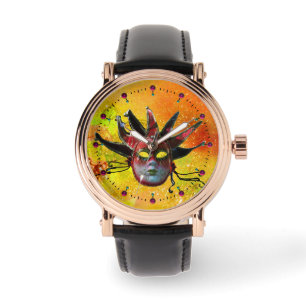 BLACK AND RED JESTER MASK MasqueraParty Gult Armbandsur