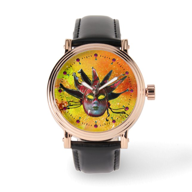 BLACK AND RED JESTER MASK MasqueraParty Gult Armbandsur (Framsida)