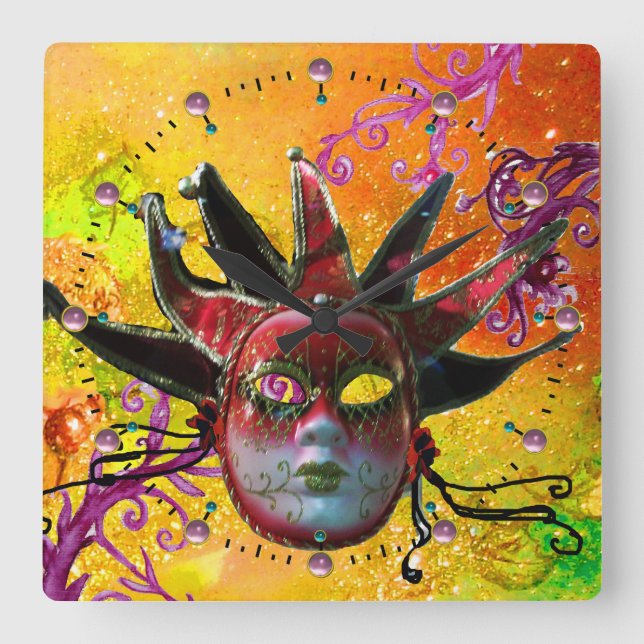 BLACK AND RED JESTER MASK MasqueraParty Gult Fyrkantig Klocka (Framsida)