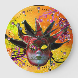 BLACK AND RED JESTER MASK MasqueraParty Gult Stor Klocka