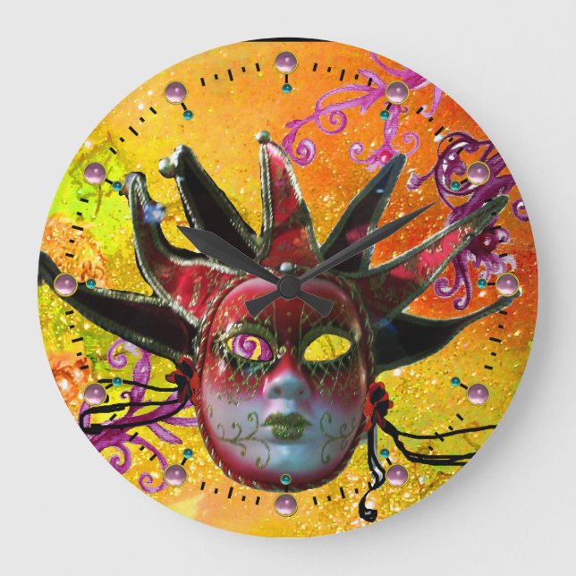 BLACK AND RED JESTER MASK MasqueraParty Gult Stor Klocka (Framsida)