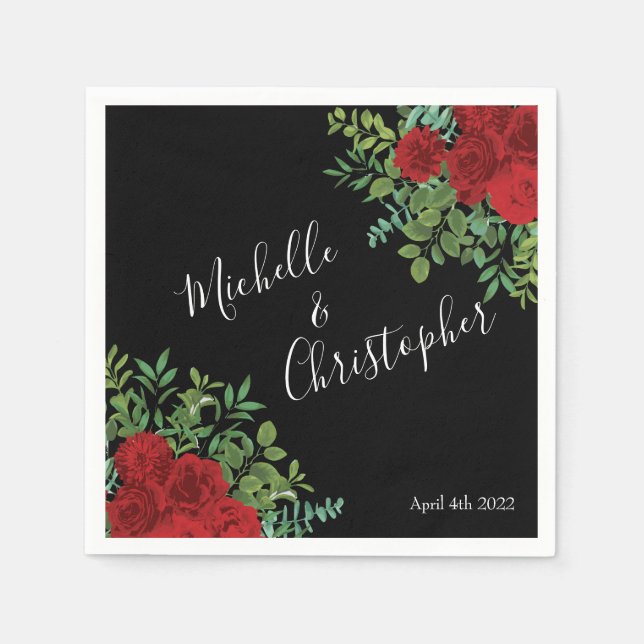 Black and Red Peony Ro Blommigt Bröllop Pappersservett (Framsidan)