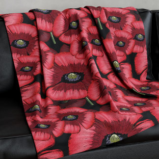 Black and Red Poppies Blommigt Fleece Blanket