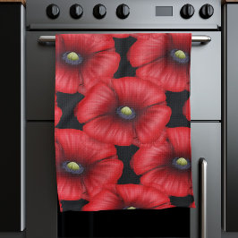 Black and Red Poppies Blommönster Kitchen Towel Kökshandduk
