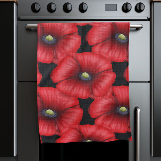 Black and Red Poppies Blommönster Kitchen Towel Kökshandduk