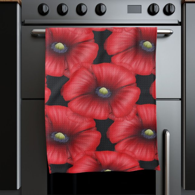 Black and Red Poppies Blommönster Kitchen Towel Kökshandduk (Pop a poppy kitchen towel in your kitchen today! Makes a lovely housewarming gift or a treat for you)