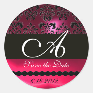 BLACK AND RED ROSA FUCHSIA RUBY DAMASK MONOGRAM RUNT KLISTERMÄRKE
