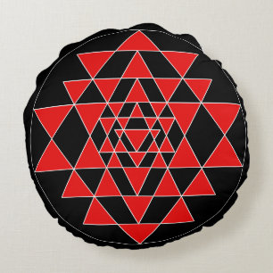 Black and Red Sri Yantra Meditation Cushion Rund Kudde