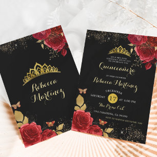 Black and Röd ros Blommigt Girl Mis XV Años Inbjudningar