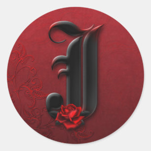 Black and Röd ros Monogram J Sticker Runt Klistermärke