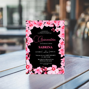 Black and rosa Girly Cherry Blommar Quinceanera Inbjudningar