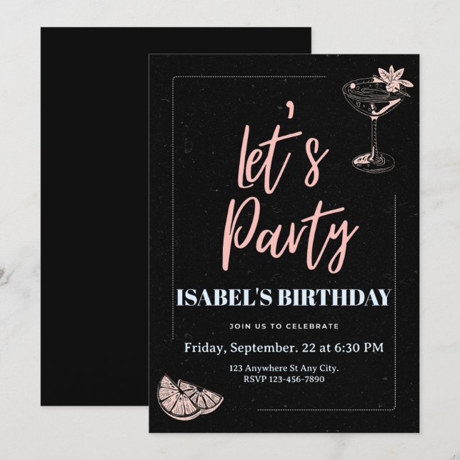 Black and Rosa Illustrated Birthday Inbjudningar (Fram/baksida)