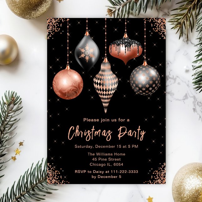 Black and Rose Gold Ornaments Christmas Party Inbjudningar (Skapare uppladdad)