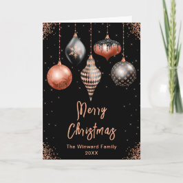 Black and Rose Gold Ornaments Merry Christmas Helgkort
