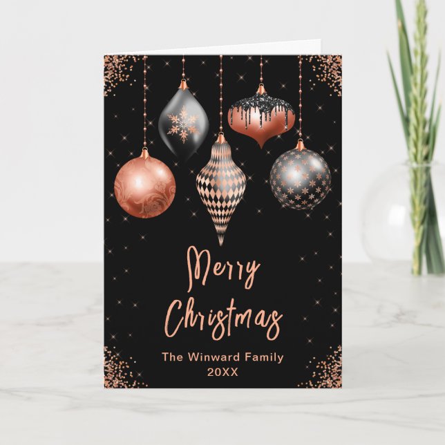 Black and Rose Gold Ornaments Merry Christmas Helgkort (Framsida)