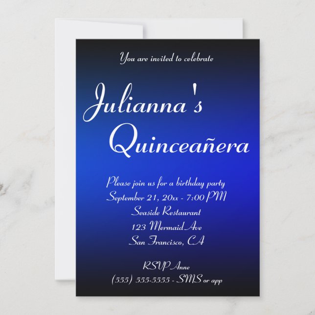 Black and Sapphire Blue Ombre Quinceañera Birthday Inbjudningar (Framsida)