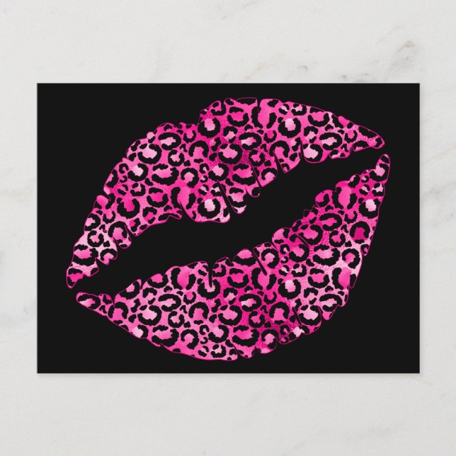 Black and Shock rosa Leopard Spot Lipstick Kiss Vykort (Framsida)