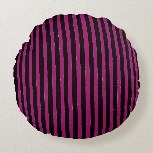 Black and Shocking Pink Stripes Pattern Rund Kudde (Framsidan)