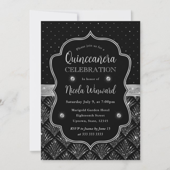 Black and Silver Art Deco Glitter Quinceanera Inbjudningar (Framsida)