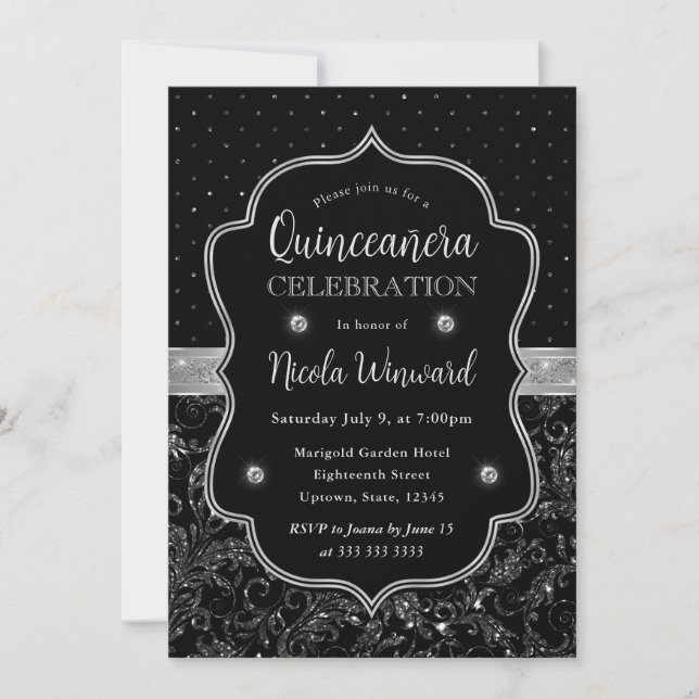 Black and Silver Art Deco Glitter Quinceanera Inbjudningar (Framsida)
