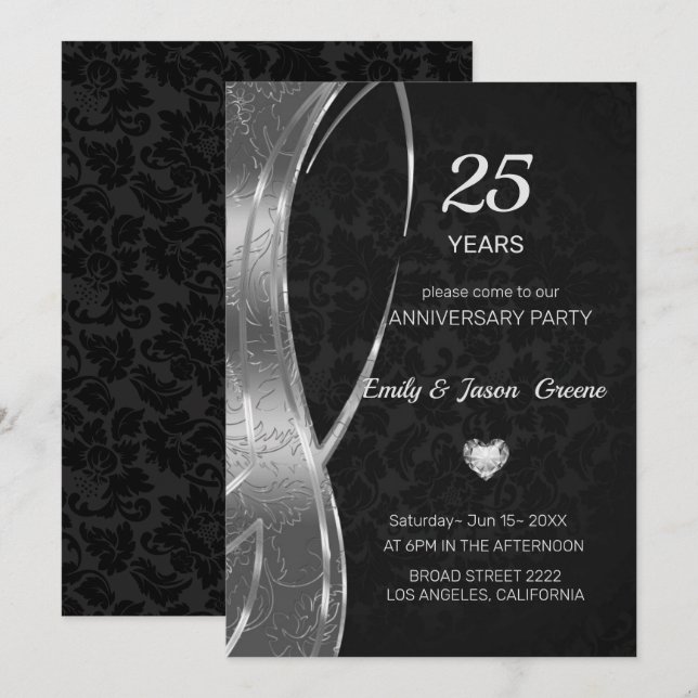 Black and Silver Damask Inbjudningar (Fram/baksida)