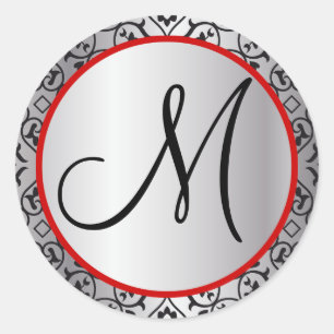 Black and Silver Damask Trim Bröllop Seal Runt Klistermärke