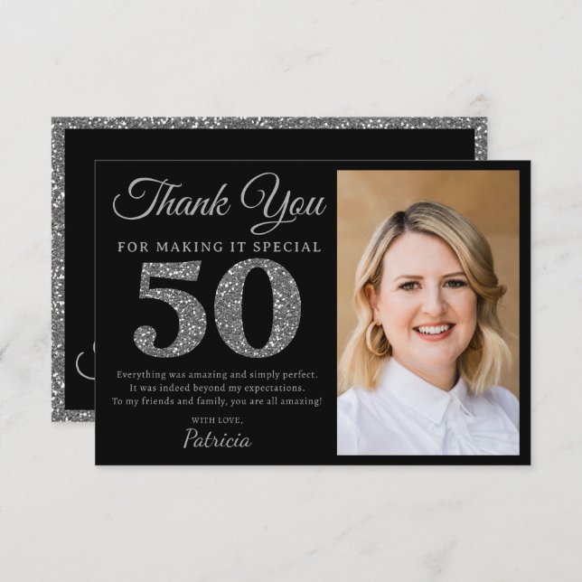 Black And Silver Glitter 50th Birthday Party Photo Tack Kort (Fram/baksida)