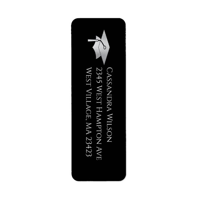 Black and Silver Graduation Returadress Etikett (Framsidan)