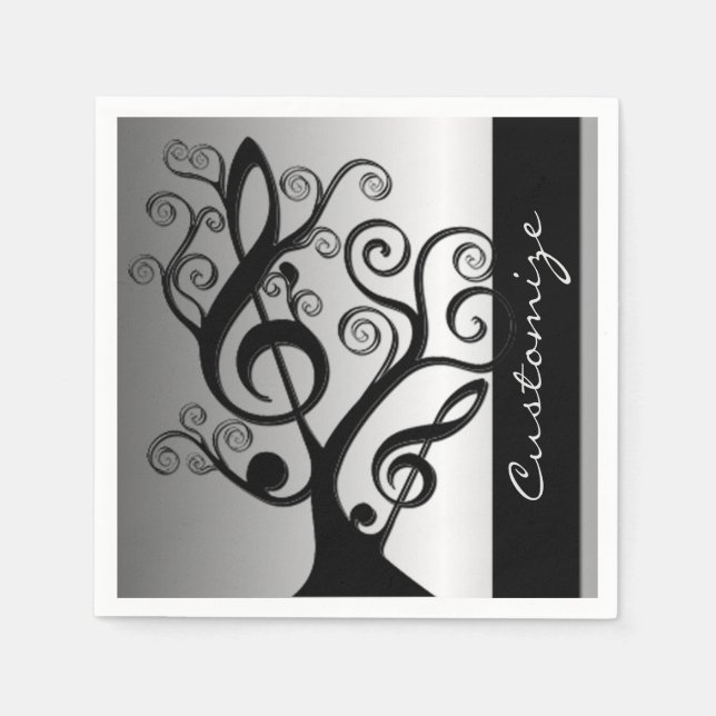Black and Silver Music Treble Clef Träd Napkins Pappersservett (Framsidan)