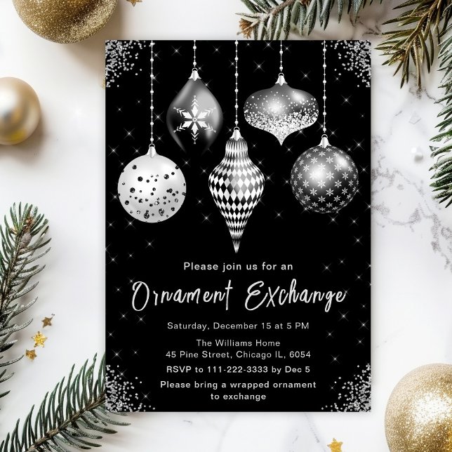 Black and Silver Ornament Exchange Party Inbjudningar (Skapare uppladdad)