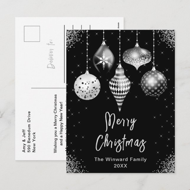 Black and Silver Ornaments Merry Christmas Helg Vykort (Fram/baksida)