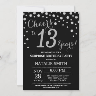 Black and Silver Surprise 13th Birthday Diamond Inbjudningar