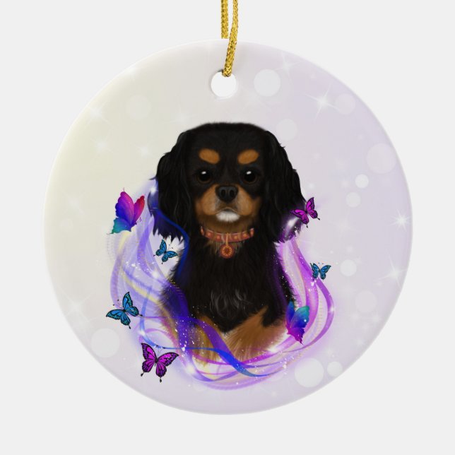 Black and Tan Cavalier Kung Charles Spain Julgransprydnad Keramik (Framsidan)