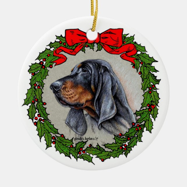Black and Tan Coonhound Art by Glenda S. Harlan Julgransprydnad Keramik (Framsidan)