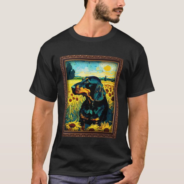 Black and Tan Coonhound Painting Sunflower Flower  T Shirt (Framsida)