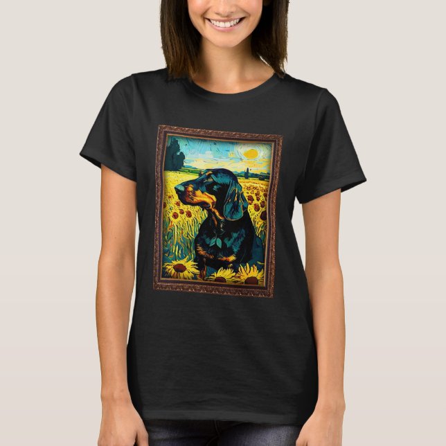 Black and Tan Coonhound Painting Sunflower Flower  T Shirt (Framsida)